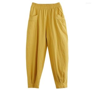 Pantalon femme Vintage décontracté Baggy coton et lin été femmes taille haute ample cheville longueur jambe large jaune pantalon