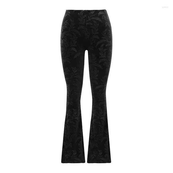 Pantalon féminin vintage floral gratté en velours gothique haut taille skinny flare pantalon pour femmes automne d'hiver streetwear l