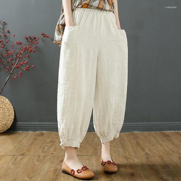 Pantalones de mujer Vintage Harajuku, bombachos holgados de algodón y lino para mujer, verano de talla grande 4XL, cintura alta, elásticos, bolsillos coreanos Y2k