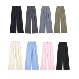 Calças femininas vintage cintura alta zíper calças femininas mujer moda feminina bolsos laterais frente dardos comprimento total