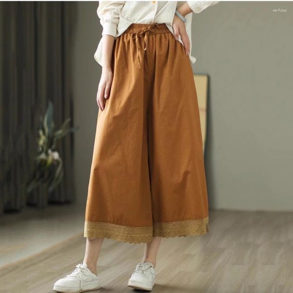 Pantalon féminin vintage dentelle patchwork décontractée de printemps lâche mode femelle femelle couleur couleur coton coton doux confortable pantalon baggy