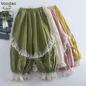 Calças femininas vintage doce lolita bloomers mulheres kawaii laço babados retalhos soltos meninas casuais cintura elástica calças ropa mujer