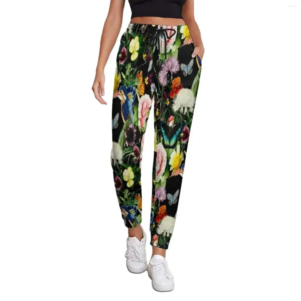 Pantalones de mujer Vintage con estampado de flores tropicales, pantalones de chándal holgados con mariposas y pájaros, ropa de calle con imágenes de primavera, pantalones de talla grande