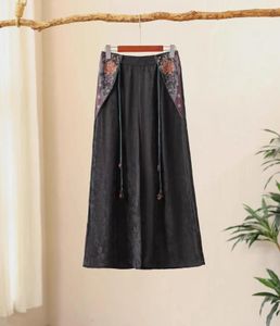 Pantalon féminin vintage large jambe nationale de style National de style Jacquard Black Pantskirt Linet Natural Silk Elastic