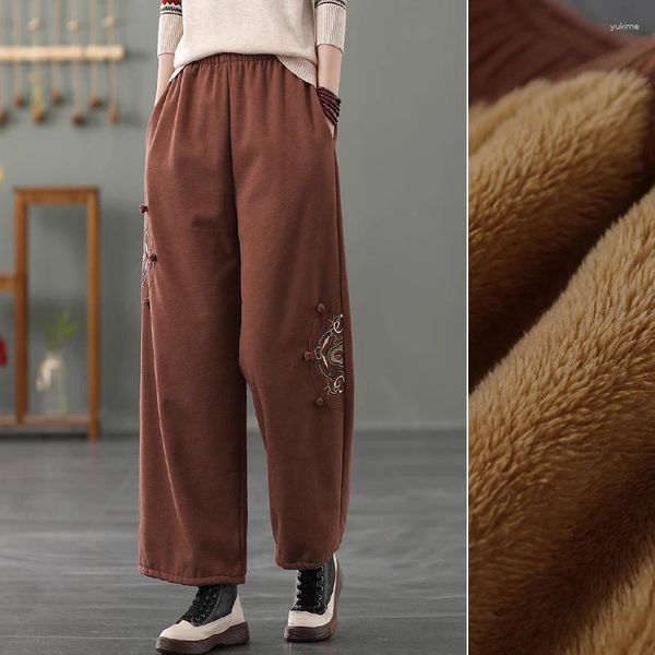 Pantalones de mujer cálidos bordados de algodón y lino de lana de pierna ancha con bolsillos gruesos de invierno cintura elástica pantalones sueltos Vintage para mujer