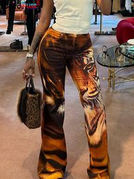 Calças femininas Estranho puss tigre impressão flare mulheres 2023 y2k tendência de verão magro elástico selvagem casual streetwear básico calças de cintura alta