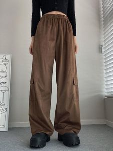 Pantalon femme WeiYao marron velours côtelé Baggy jambe large femmes rétro rouge élastique taille haute Streetwear pantalon droit mode coréenne