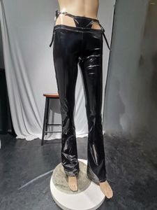 Pantalon femme aspect mouillé PVC évasé brillant simili cuir PU taille basse pantalon à cloche petits strings legging une pièce Huggers de hanche