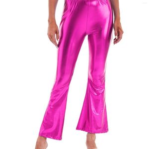 Pantalon femme Look mouillé brillant métallisé taille moyenne bas évasé couleur unie Flare pantalon à fond cloche Clubs de danse