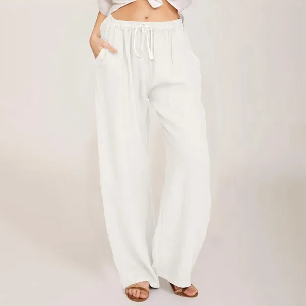 Pantalon féminin lin en coton blanc pour femmes élastiques d'été