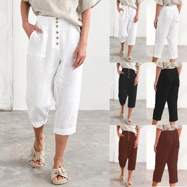 Pantalones de mujer de algodón blanco de lino sueltos con cordón de pierna ancha pantalones de cintura alta abotonada delantera pantalón de bolsillo Capri femenino