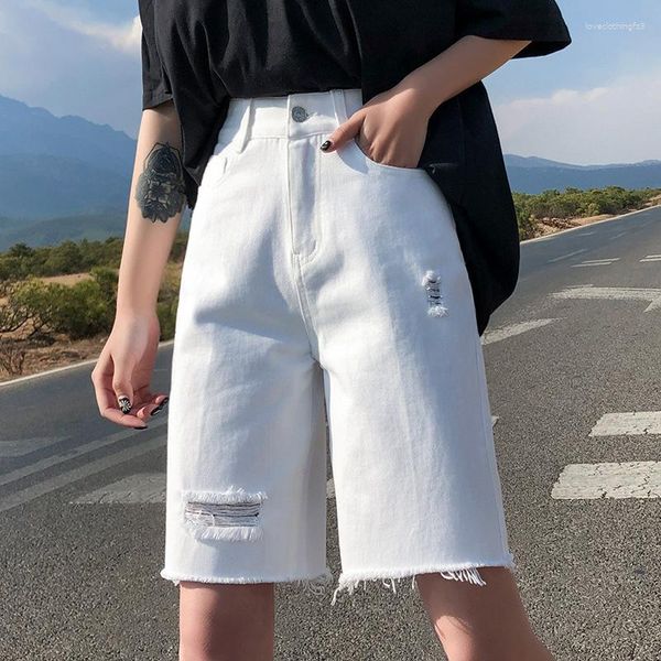 Pantalon femme blanc cinq points jean short femme 2023 été taille haute déchiré denim mince jambe large streetwear