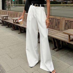 Pantalon féminin blanc haut taille large jambe polyvalente longue à la mode et décontractée