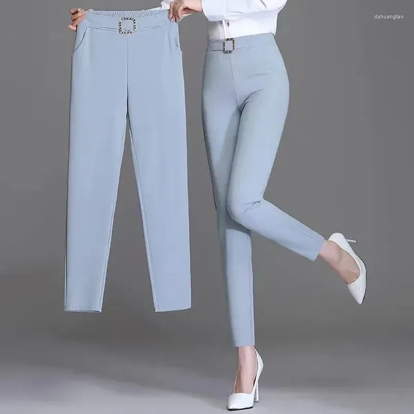 Pantalon femme blanc femmes élastique taille haute Haren mode sauvage mince glace soie bureau dames pantalon noir kaki bleu pantalon