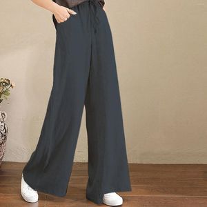 Pantalon féminin à jambe large en lin coton décontracté pantalon lâche mode élégante femelle du printemps d'été