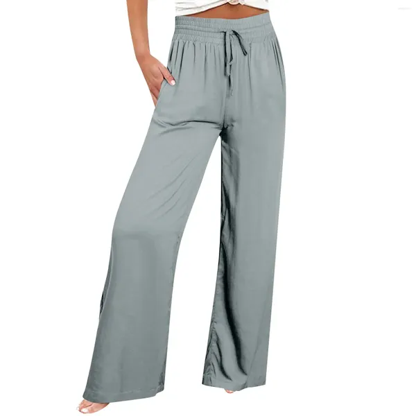 Pantalon féminin jambe large pour les femmes hautes taille élastique palézzo pantalon confortable décontracté avec poches conjuntos de pantalones