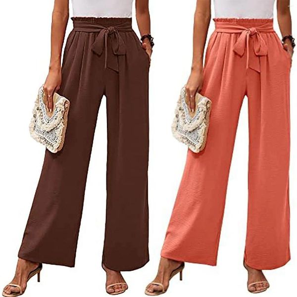 Pantalon Femme Jambe Large Pour Femmes Taille Haute Ceinture Nouée Palazzo Baggy Flowy Été Casual Plage Avec Poches