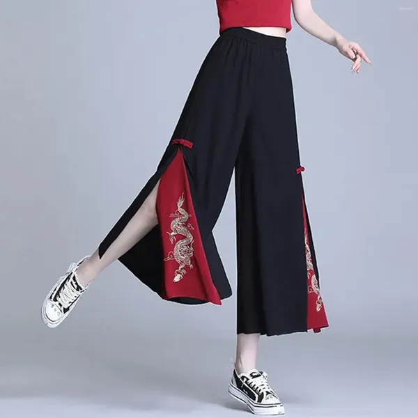 Pantalon à jambes larges pour femmes, ample, Style chinois, en mousseline de soie, à neuf points, taille haute, culotte de danse, fente drapée, été