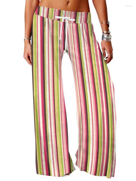 Pantalones de mujer Pierna ancha Longitud total Colorido Raya vertical Gráficos Estampado Hipster Casual Verano Ropa de calle Pantalones Ropa de mujer