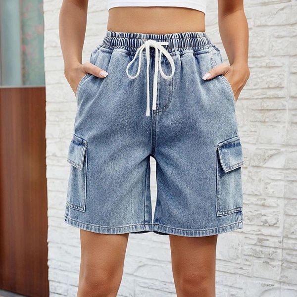 Pantalon femme jambe large dégradé bleu rétro Denim Shorts été femme taille haute ample cordon court jean Streetwear Capris