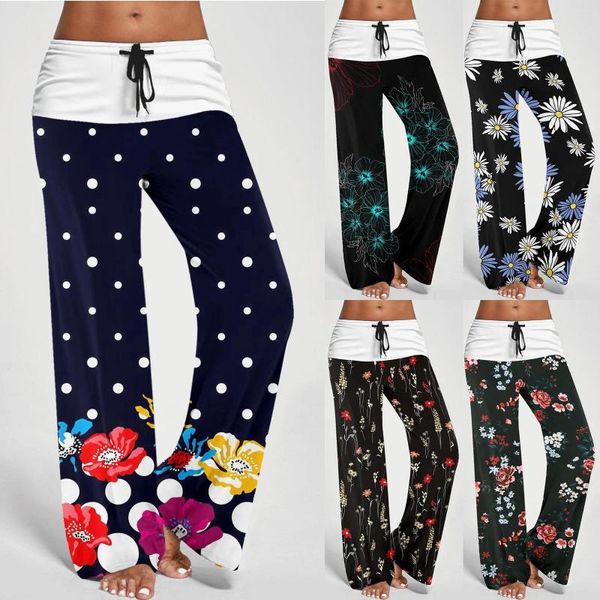 Pantalones de mujer de pierna ancha de cintura alta para mujer, pantalones elásticos de baile, pierna deportiva ancha, pantalones acampanados Yo-Ga, vendaje con estampado Floral Vintage largo