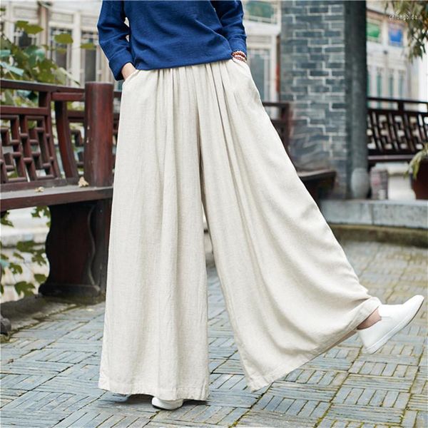 Pantalones de mujer de lino de pierna ancha, ropa tradicional china para mujer, uniforme de Yoga Tai Chi, pantalones de ocio transpirables de Color sólido, ropa deportiva