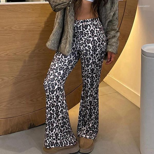 Pantalones de mujer pierna ancha sexy leopardo estampado de estampado alto estiramiento de cintura alta