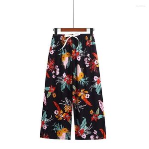 Pantalones de mujer Piernas anchas Malla de verano Flor roja Tether Elasticidad Cintura Suelta Ajuste grande Hogar Dormir Casual Mamá de mediana edad