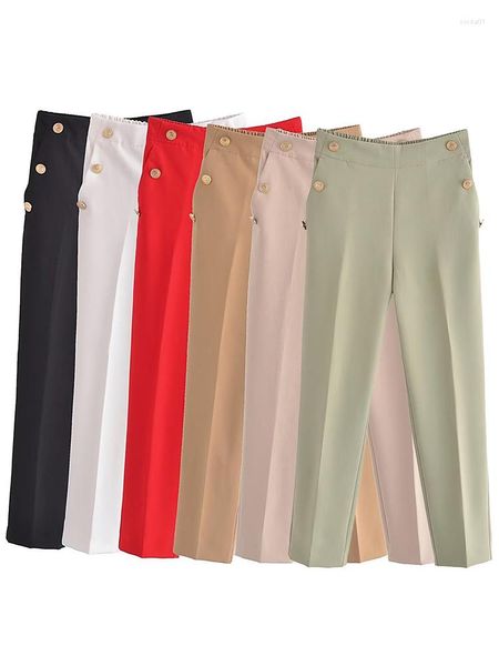 Pantalon Femme Willshela Femmes Mode Avec Bouton Solide Pantalon Vintage Haute Taille Élastique Femme Chic Dame Jambe Large Mujer