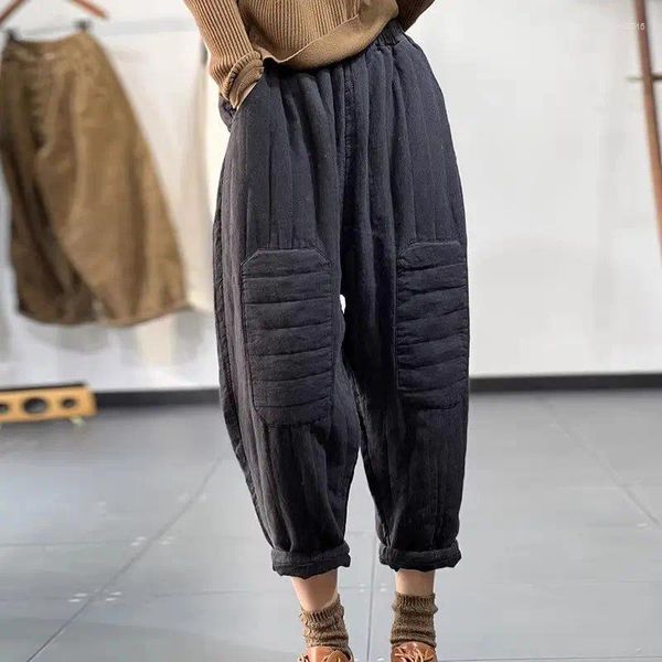Pantalones de mujer acolchados de invierno ropa holgada de gran tamaño Retro artístico elegante parche grueso pantalones Harem cálidos Z4692