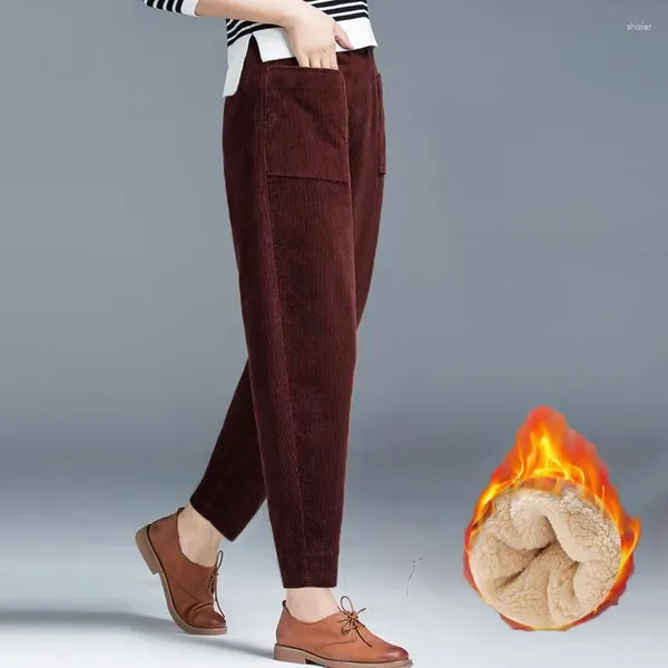 Pantalones de mujer Harem gruesos de invierno 2024 bolsillos cintura elástica pierna ancha mujer mantener pana de abrigo pantalones de chándal señoras F182