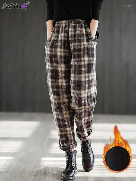 Pantalon Femme Hiver Velours Doublé Chaud Noir Plaid Harem Longueur Cheville Pantalon Femmes Classique Épaissir Taille Haute Pantalone Casual Vêtements De Neige