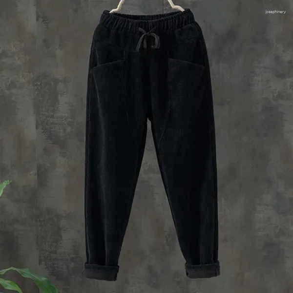 Pantalones de mujer de invierno Vintage sueltos de algodón moda coreana con cordones elegantes pantalones cálidos mujer espesar pana Haren