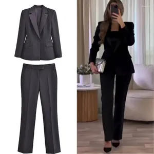 Vrouwen Broek Vrouw Zwart Satijnen Blazer Vintage Hoge Taille Broek 2024 Lente Herfst Dame Formele Zakelijke Tweedelige Smoking