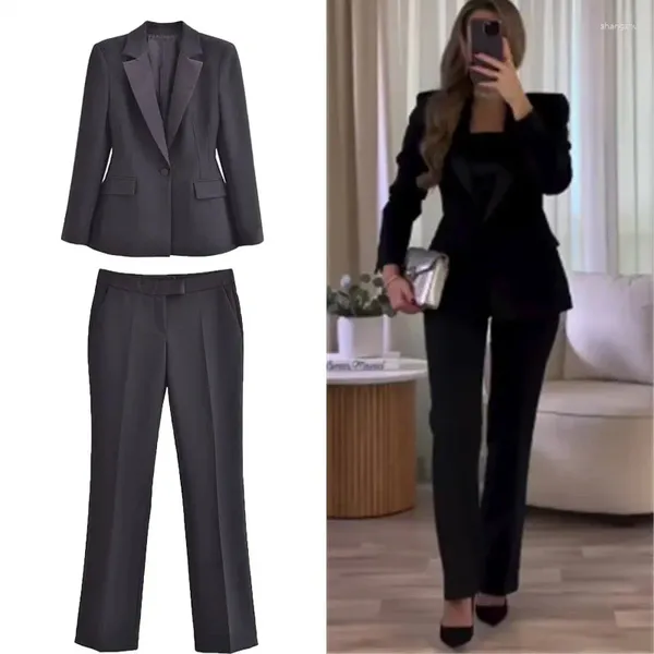 Pantalones de mujer Blazer de satén negro Pantalones de cintura alta vintage 2024 Primavera Otoño Señora Formal Negocios Esmoquin de dos piezas