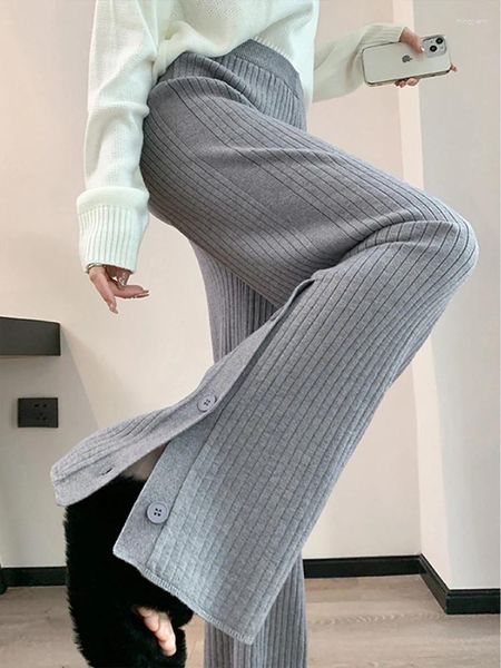 Pantalon féminin pantalon pantalon haute taille droite tricot blanc blanc vertical stripe bouton division conception