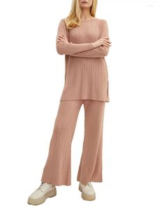 Pantalons pour femmes Femmes 2 pièces Tenues tricotées Couleur unie Hauts à manches longues et ensemble évasé élastique Streetwear Vêtements esthétiques