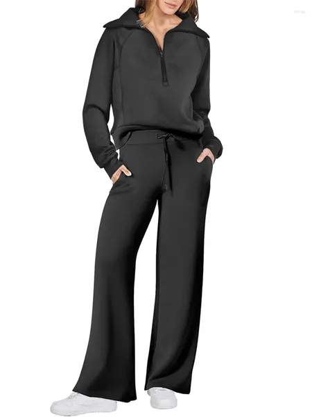 Pantalons pour femmes Femmes 2 pièces Survêtements Couleur unie 1/2 Sweat-shirt à glissière et pantalons de survêtement avec cordon de serrage pour vêtements d'entraînement Ensemble de tenues d'entraînement