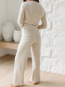 Pantalons pour femmes Femmes 2 pièces Tenues à la mode Ensemble en tricot à manches longues Chemise à col rabattu avec taille élastique côtelée tenue d'automne