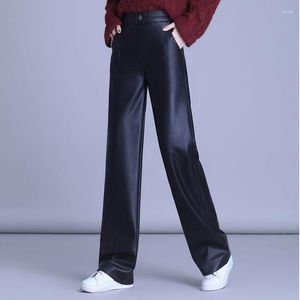 Pantalons pour femmes femmes 2023 automne hiver en cuir véritable femme taille haute pantalon large dames mode lâche W01