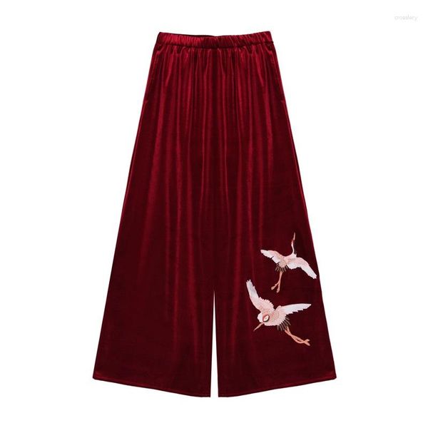 Pantalones de mujer Mujeres 2023 Pantalones de moda Velvet de vino Bordado de pierna ancha Elástica Femenina alta de la cintura Femenina Vintage TA1232