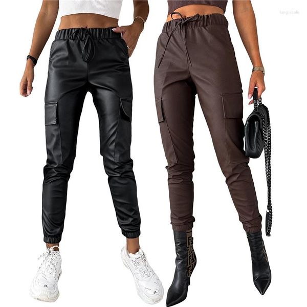 Pantalones de mujer Jogger informal de piel sintética para mujer, mallas con bolsillo con solapa de Color sólido a la moda de cintura alta, color negro/café S/ M/ L/XL