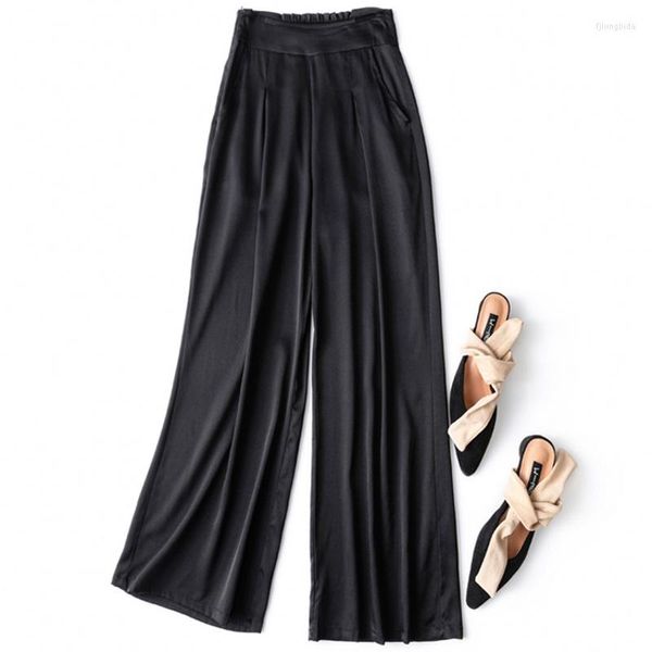 Pantalones Mujer Mujer 93% Seda Mulberry 7% Spandax 19 Momme Tipo Suelto Pantalón Largo Pierna Ancha Con Bolsillos Azul Marino Negro M L XL MM570