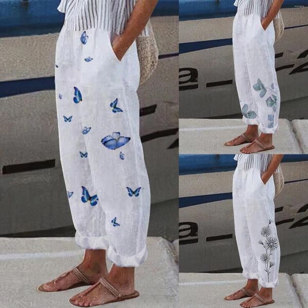 Pantalones de mujer con estampado de mariposas, cintura alta, algodón, lino, sueltos, rectos, con bolsillos, pantalones largos informales con cordón