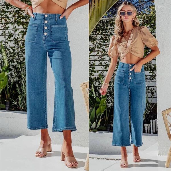 Pantalon Femme Femmes Bouton Taille Haute Skinny Mini Corne Capri Printemps Été Mode Urbaine Jeans Polyvalents
