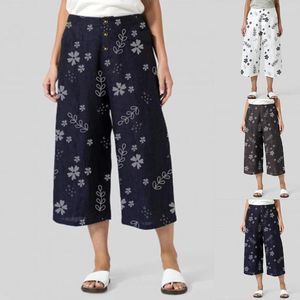 Pantalon féminin Femmes Capri Elastic Summer Summer Cropped Colters With Pockets Floral Imprimé High Bouton Pantalones de mode