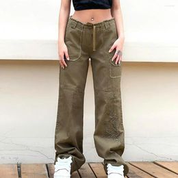 Pantalon féminin Femmes Cargo Hip Hop High-Waist DrawString rétro Modèle de broderie décontractée lâche droite Ligne de jean Streetwear