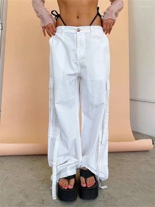 Pantalon Cargo décontracté pour femmes, couleur unie, taille mi-longue, jambes larges, ample avec poches, Streetwear