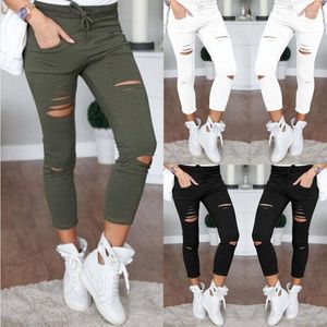 Damesbroeken Vrouwen Casual potloodgaten Katoen Enkele broek Leggings Leggings gat stretch zwart gescheurde jeans plus maat