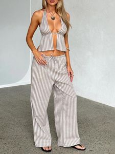 Pantalon femme décontracté imprimé rayé, Long élastique, taille haute, coupe ample, jambes droites et larges, Streetwear Y2K